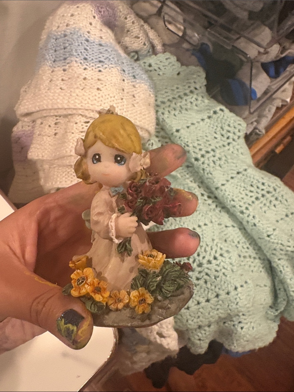 Hand-Painted Porcelain Flower Figurine in Cream and Yellow